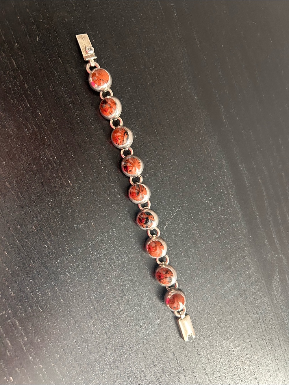 7” Red Jasper & Sterling Silver Cabochon Articulated Link Bracelet 925 Vintage! - Picture 9 of 9